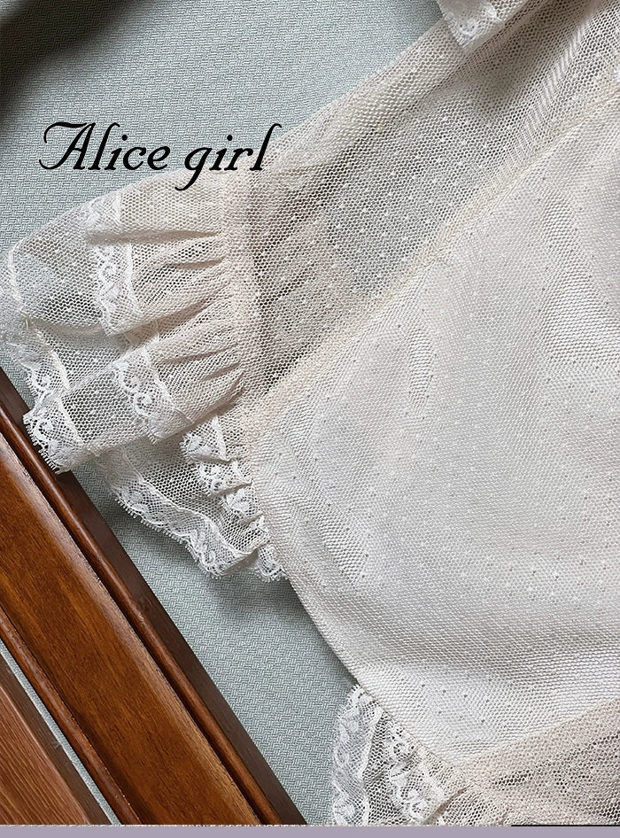 Alice girl~Yesterday Morning Mist~Classic Lolita Shirt Polka Dots Tulle Short Sleeve Blouse 41780:715108