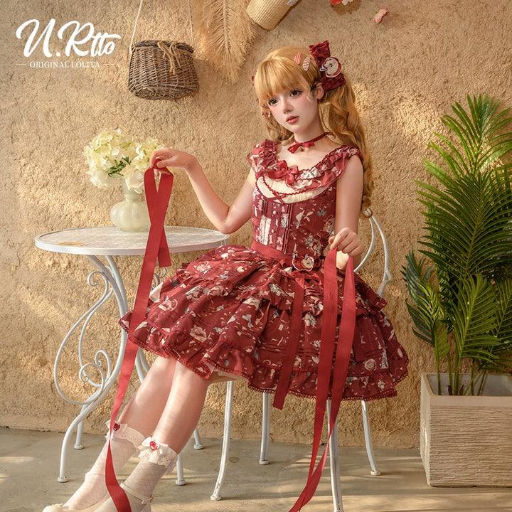 Urtto~Apple Tea~Country Lolita Dress Elegant Floral Print JSK Dress S Short JSK - Red 