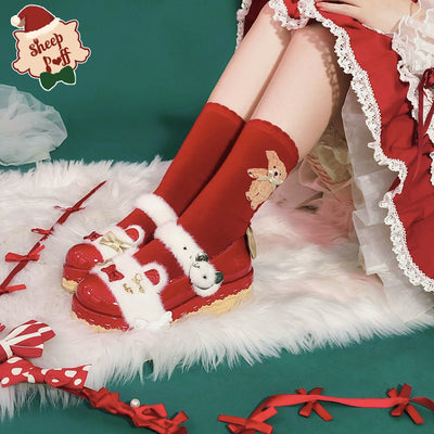 Sheep Puff~Sweet Lolita Red Platform Shoes for Christmas   