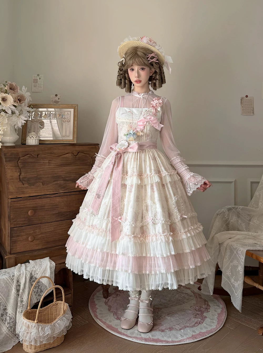 Bloom Lamb - Classic Lolita Embroidered JSK Dress, Tiered Hem 45519:851321