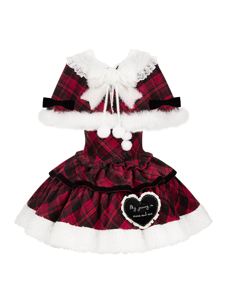 With PUJI - Snow Night Serenade - Fluffy Plaid Kawaii Lolita JSK, Reversible Cape 44279:802348
