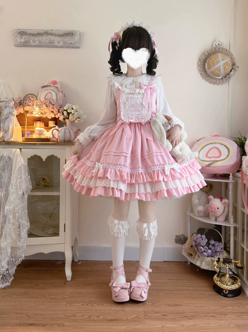 Hanguliang~Sweet Bear~Kawaii Lolita JSK Dress Embroidery Flounce Hem