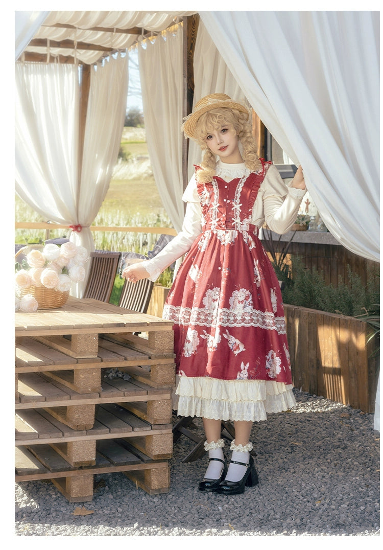 With PUJI~Sheepberry Bunny Air~Sweet Lolita Dress Velvet Print JSK and OP