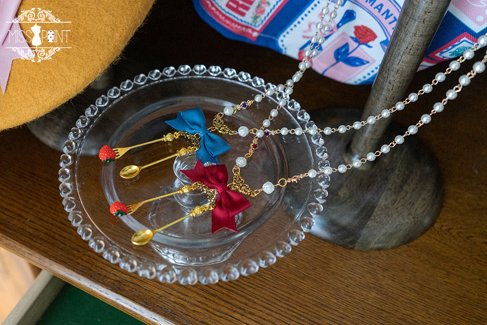 Miss Point - Berry Rose Lolita Accessories Collection KC Beret Necklace blue bow knife and fork necklace
