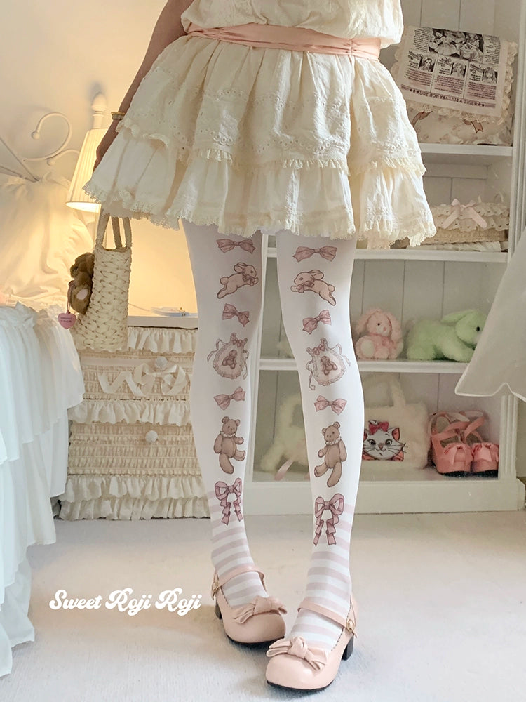 Roji Roji~Cradle Time~Sweet Lolita Velvet Pantyhose Japan Style Printed Tights Pink F(Fit Height: 150-175cm)