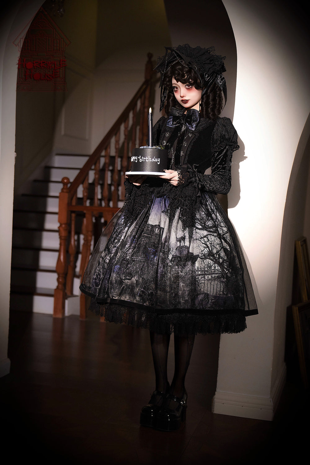 LilithHouse~Horror House~Gothic Lolita OP Set with Cape and Castle Print