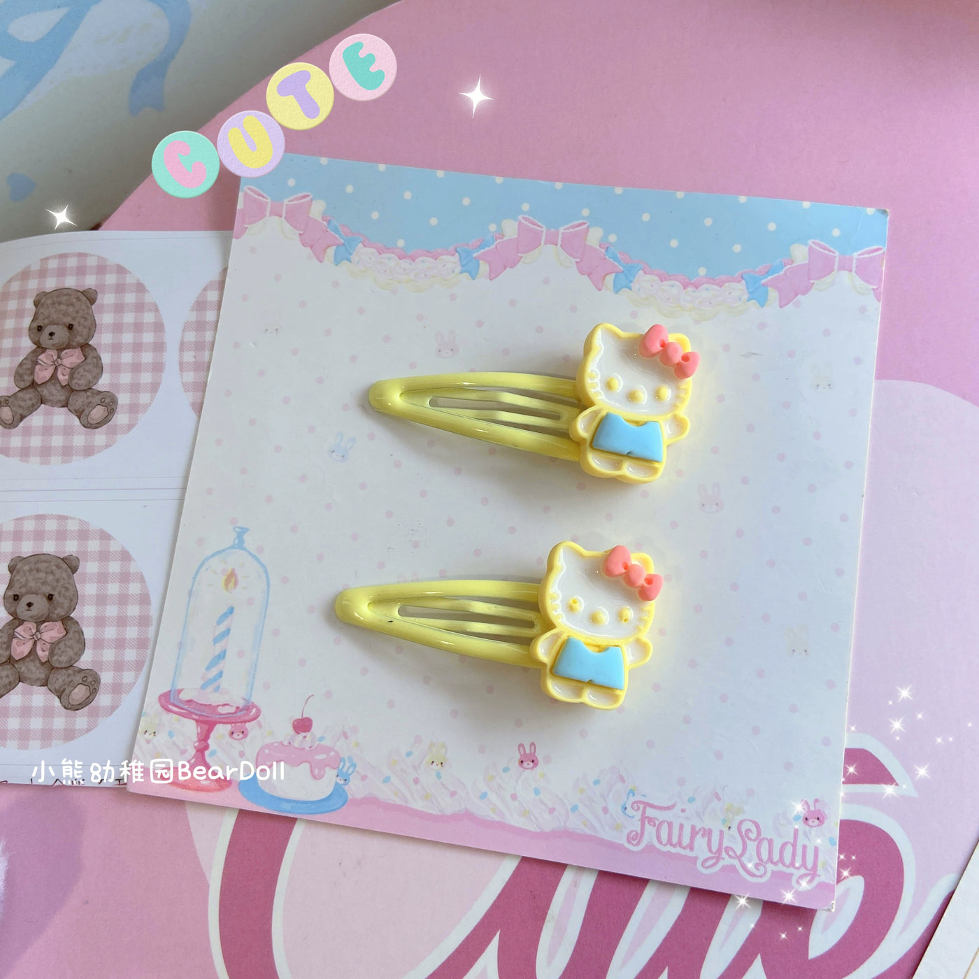 Bear Doll~Kawaii Lolita Hair Pin Adult Children Hello Kitty Hair Clip Yellow Kitty  