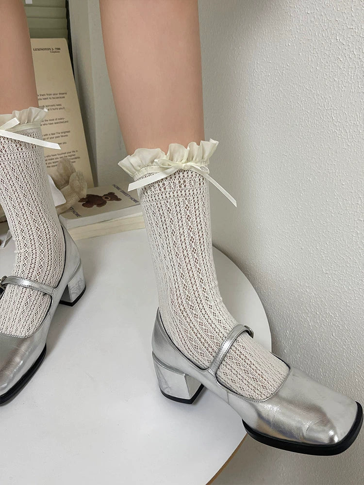 WAGUIR~Sweet Lolita Socks Bow Lace Mid Tube Socks for Spring/Summer   