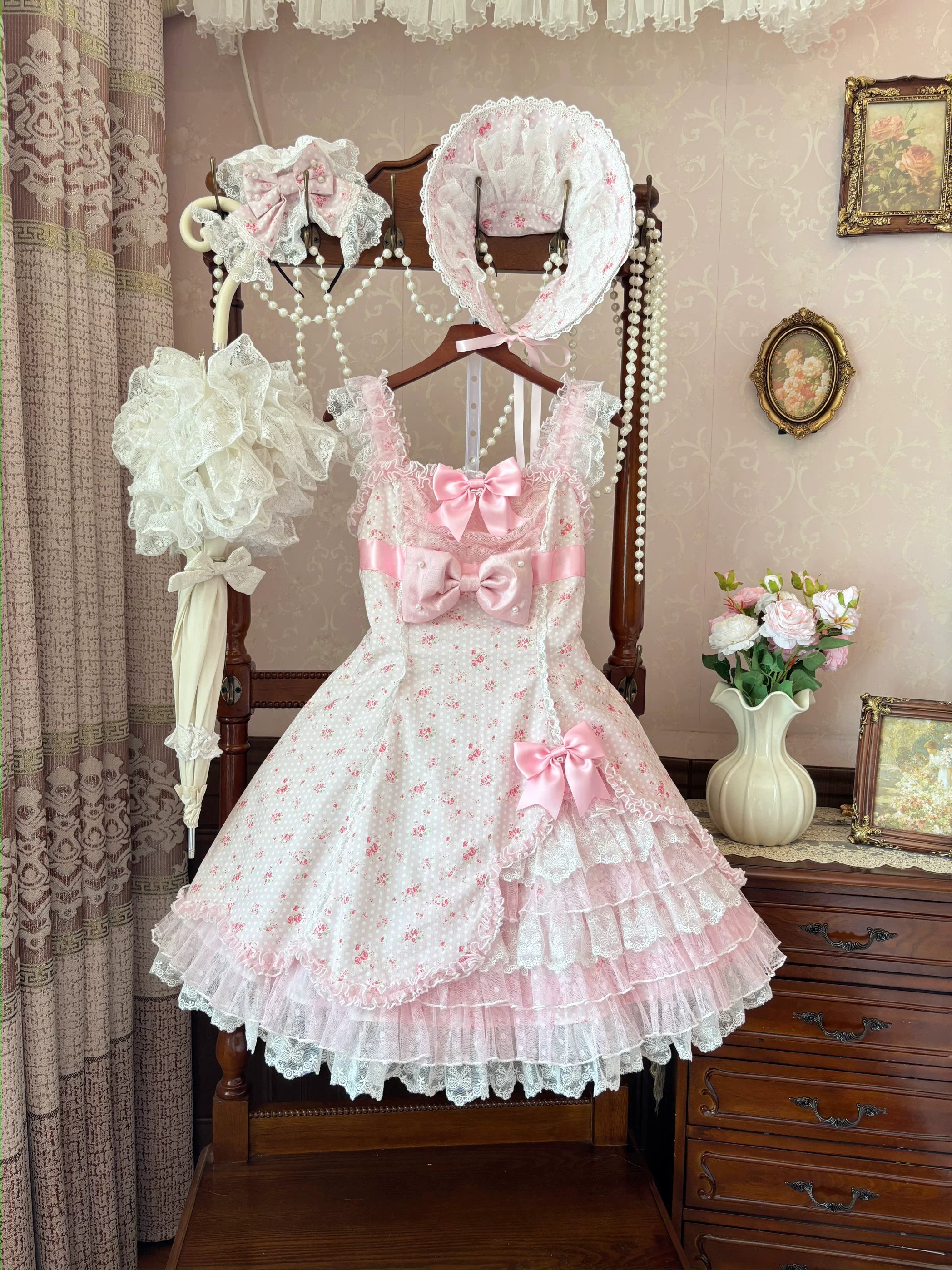 Spring Bud - Old School Lolita Floral Print JSK Dress, Layered Skirt (L M S) 45036:834329