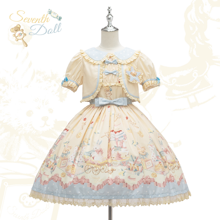 The Seventh Doll~Peti Toy House~Old School Lolita Jumper Dress Vintage OP Dress S Cream Yellow x Blue OP 