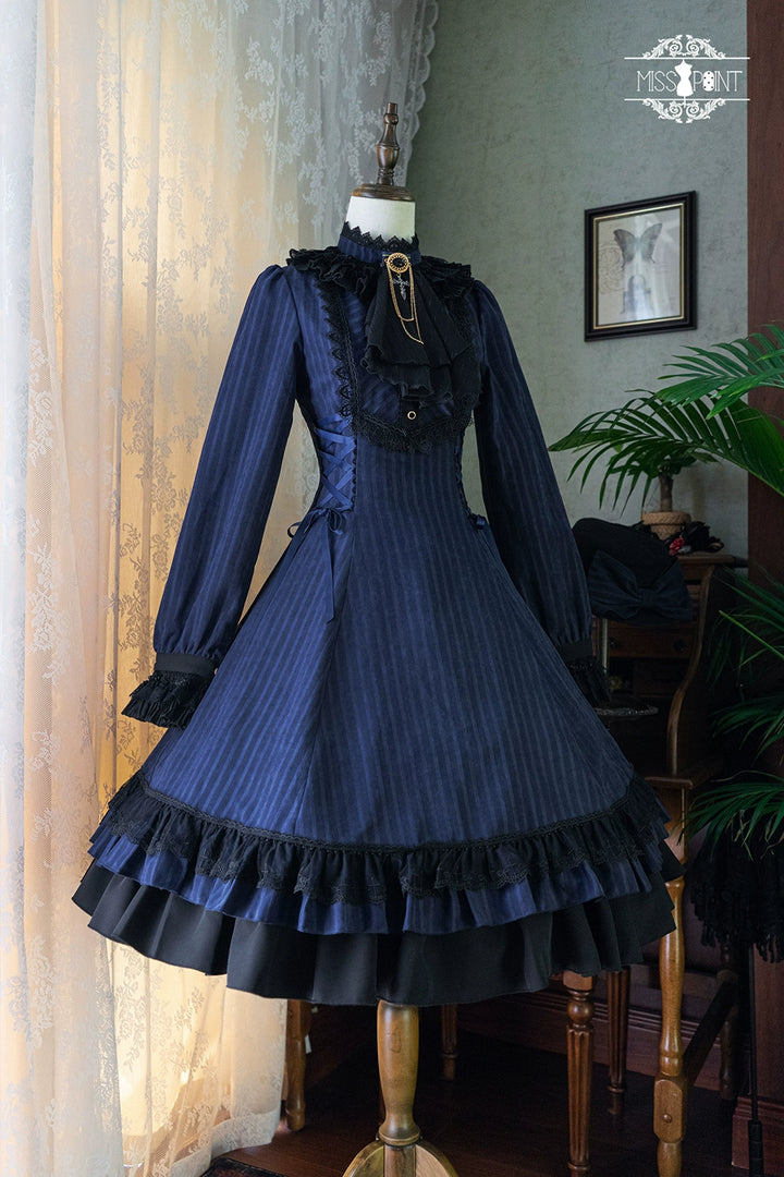 Miss Point~Perintz Manor~Gothic Lolita OP Long Sleeve Retro Lolita Dress XS Solid navy 