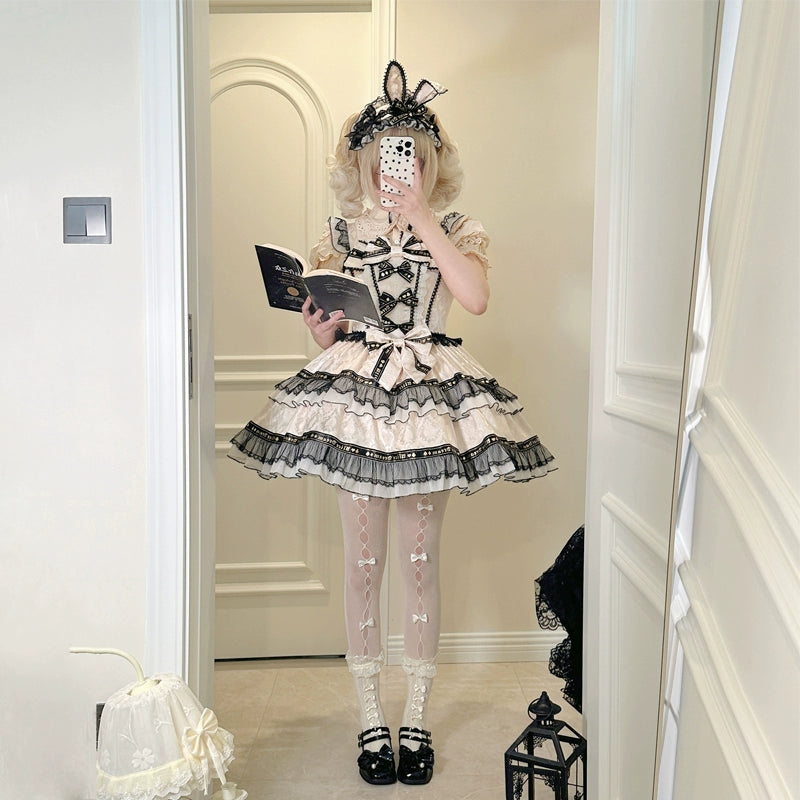 Hanguliang~Rabbit Spades~Kawaii Lolita JSK Flounce Hem Bi-color Dress   