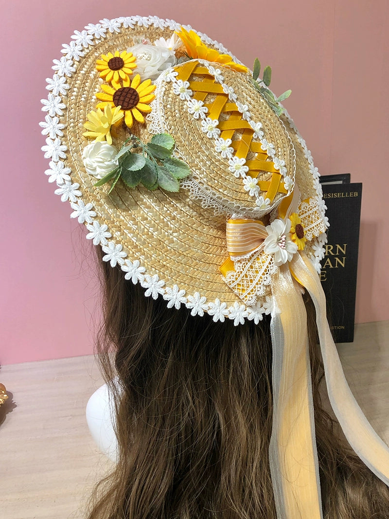 (BFM)Alice Girl~Handmade Lolita Hat Sunflower Butterfly Bow Flat Hat Free size Ginger Yellow 