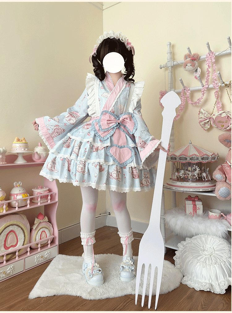 Niu Niu - Showa Moe Bear - Plus Size Wa Lolita Dress Set Kawaii Lolita SK Suit blue top only L