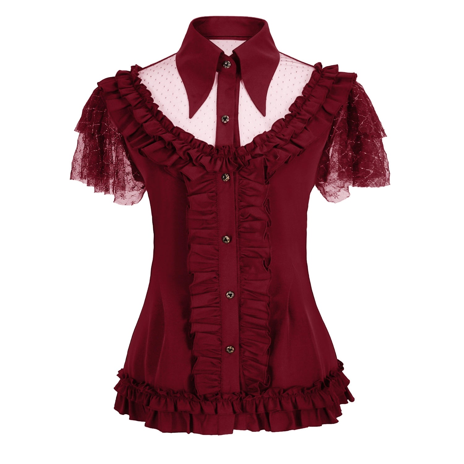 Cat Highness - Gothic Lolita Shirt Black Flounce Hem Short Sleeve Shirt red S