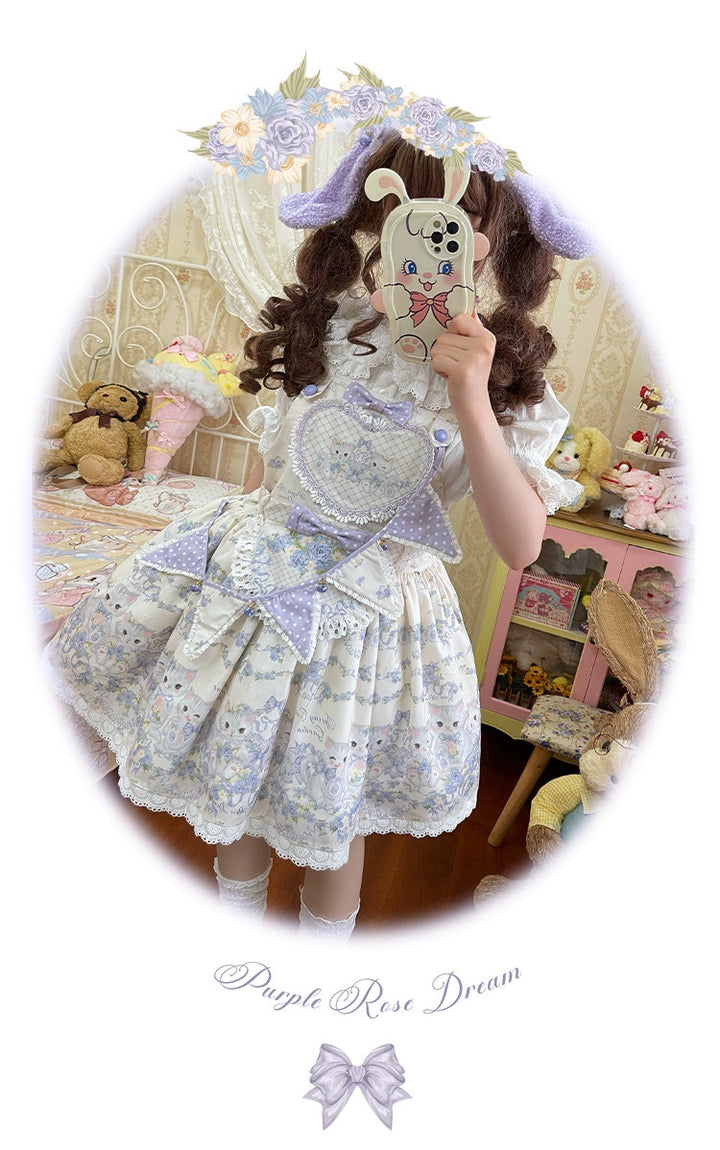 Akiyama Future Studio~Rose Cat~Sweet Lolita Salopette Floral Print Dress   