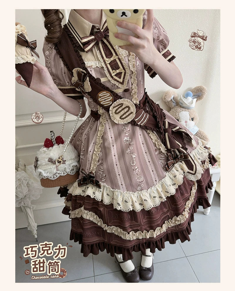 Chocolate Cone - Kawaii Lolita Dessert Print OP Dress, Detachable Sash Set 45782:862679