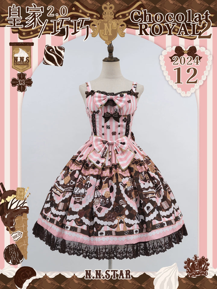 Nn Star~Royal Chocolate 2.0~Sweet Lolita Dress Suit Cute Print Lolita OP and JSK (Short) Pink JSK only S