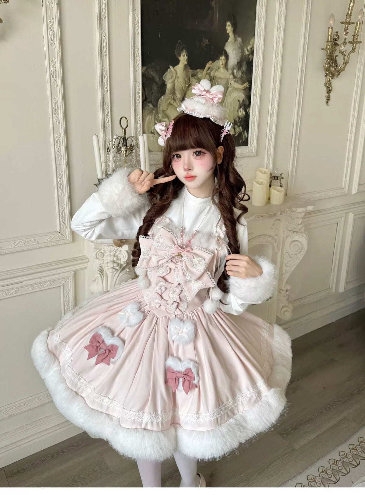 Sweet Dream Bunny - Sweet Lolita Cape & JSK Dress Set, Faux Fur Bunny Ear