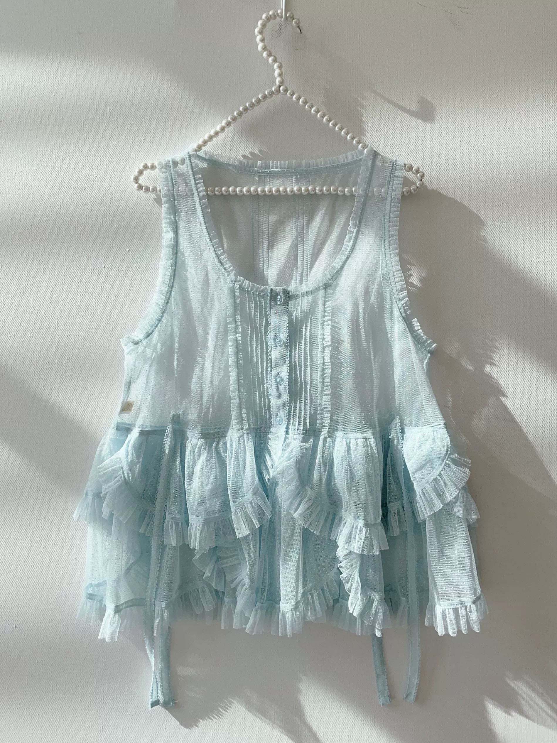 Sweet Dreamer - Antique Wall - Classic Vintage Lolita Vest Tulle Polka Dot Vest Small dots in light blue (vest only) (Pre-order) One Size Single-layer petal hem