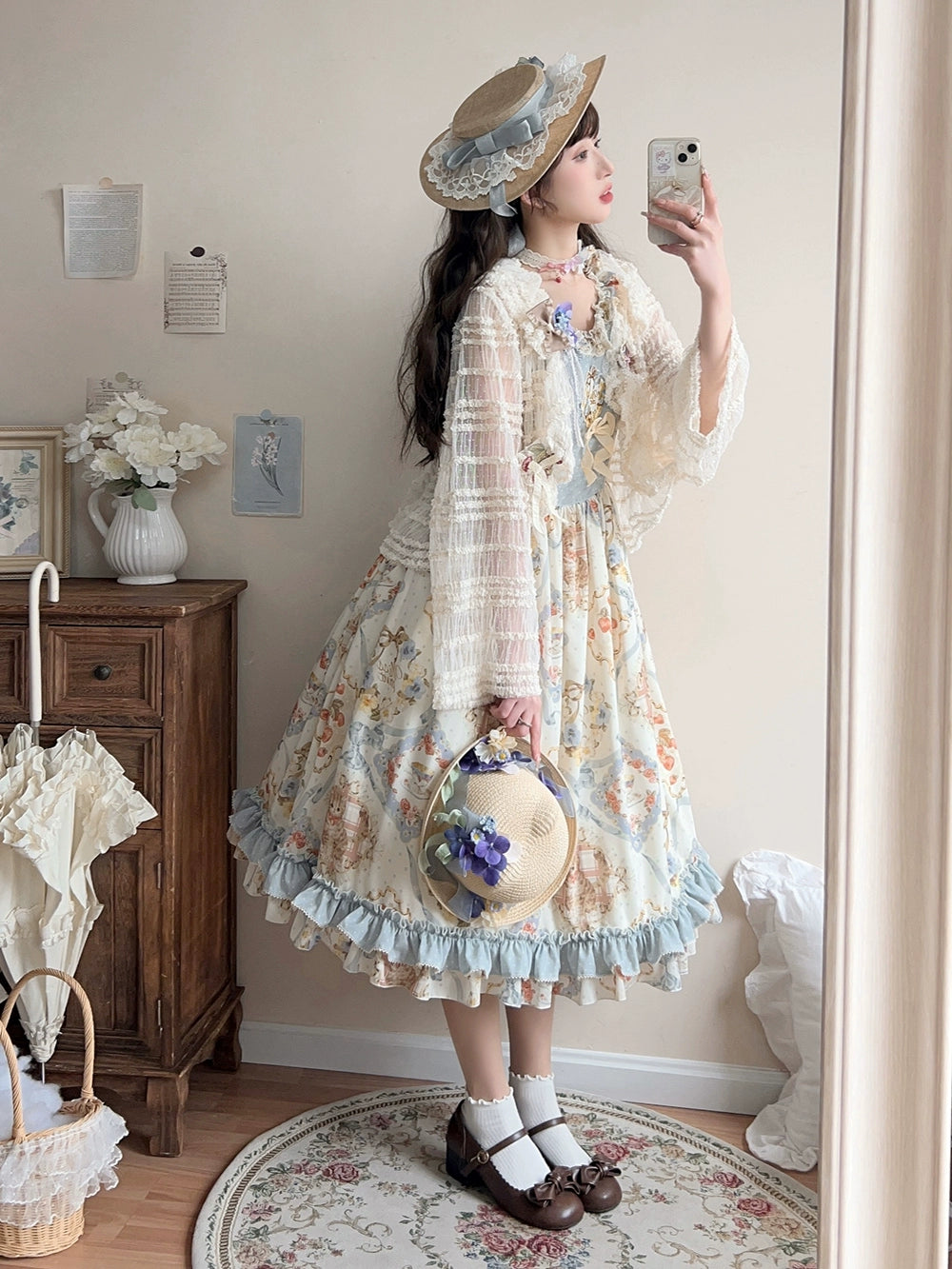 Miss Point~Cat Rose Tea~Sweet Lolita Tulle Cardigan and Long Skirt Overlay