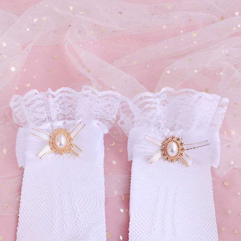 Handmade Lolita Wedding Lace Gloves One size Black Mesh Gloves (with bow)