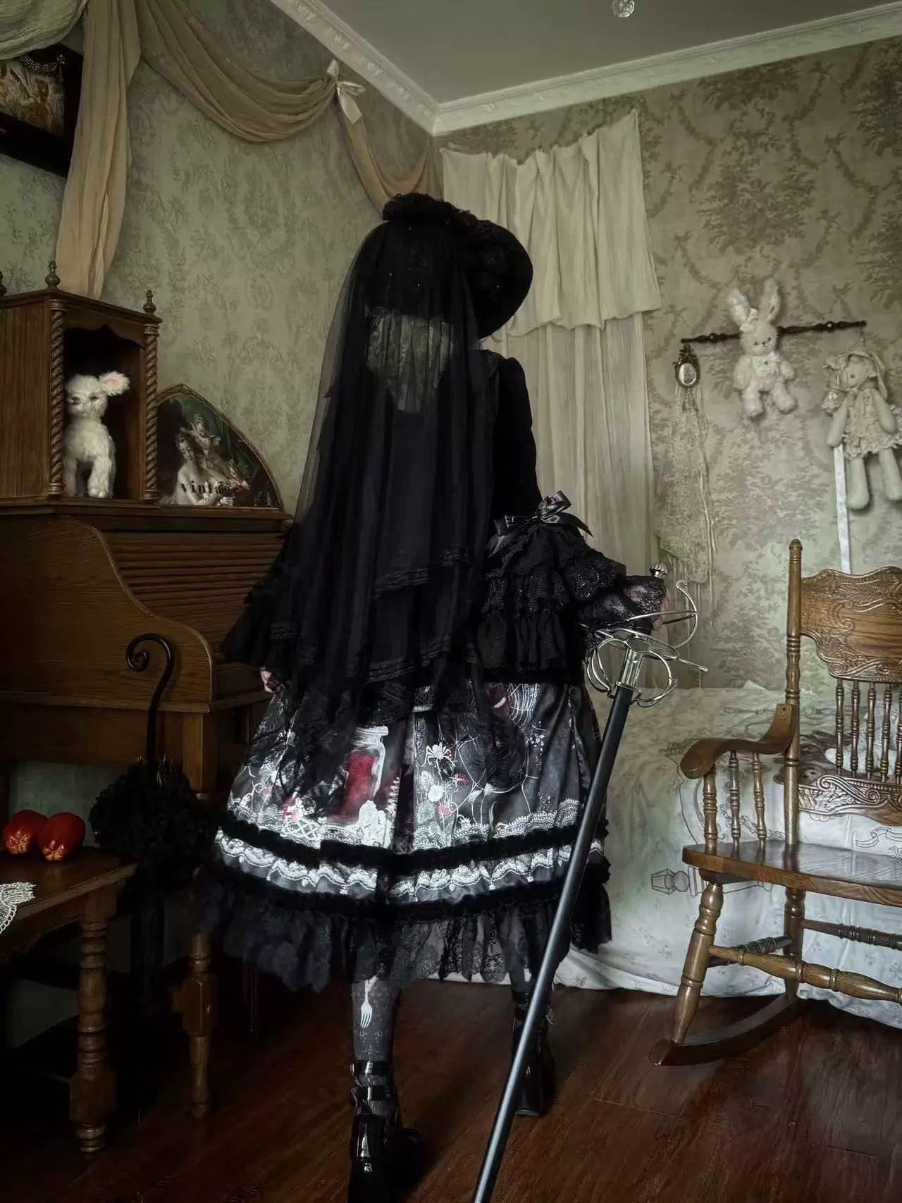 Monster Strawberry Hunt - Gothic Lolita Strawberry Printed Velvet Dress Set 45737:859901