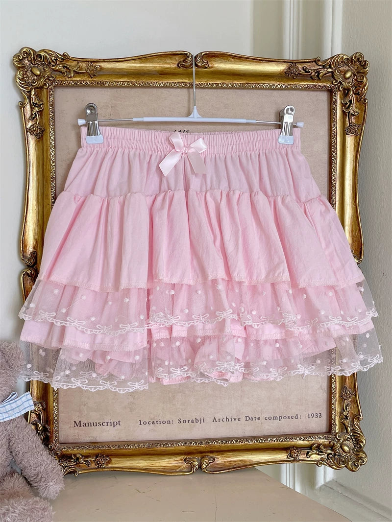 Sweet Lolita Cotton Bloomers, Lace Polka Dot Hem Pink One Size