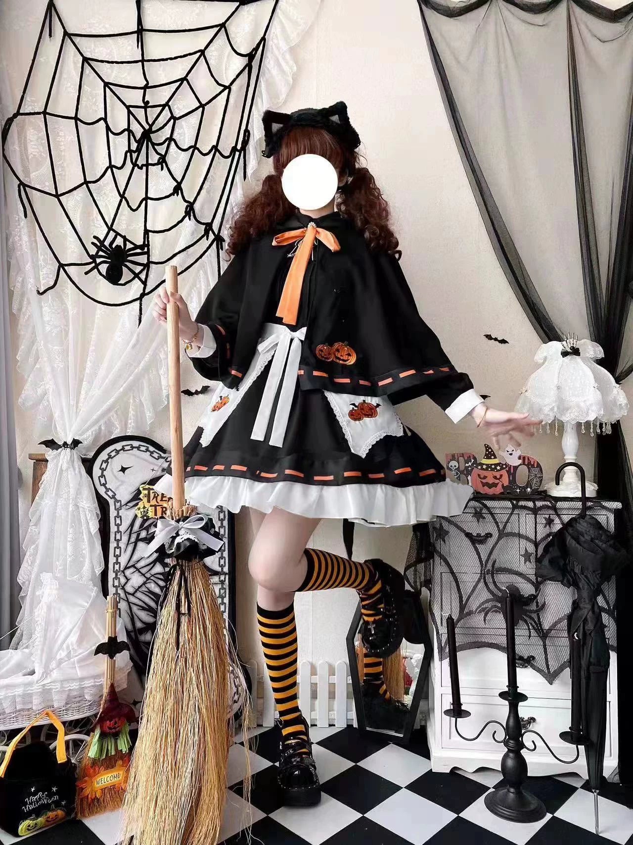 Little Witch - Halloween Gothic Lolita OP Dress Set, Pumpkin & Bat Embroidery