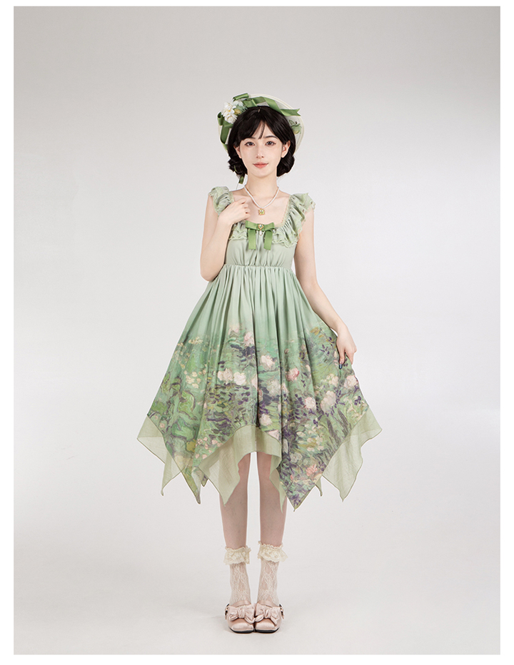 With PUJI~Blooming Rose~Chiffon Classic Lolita Dress Set Painting Styled OP & JSK