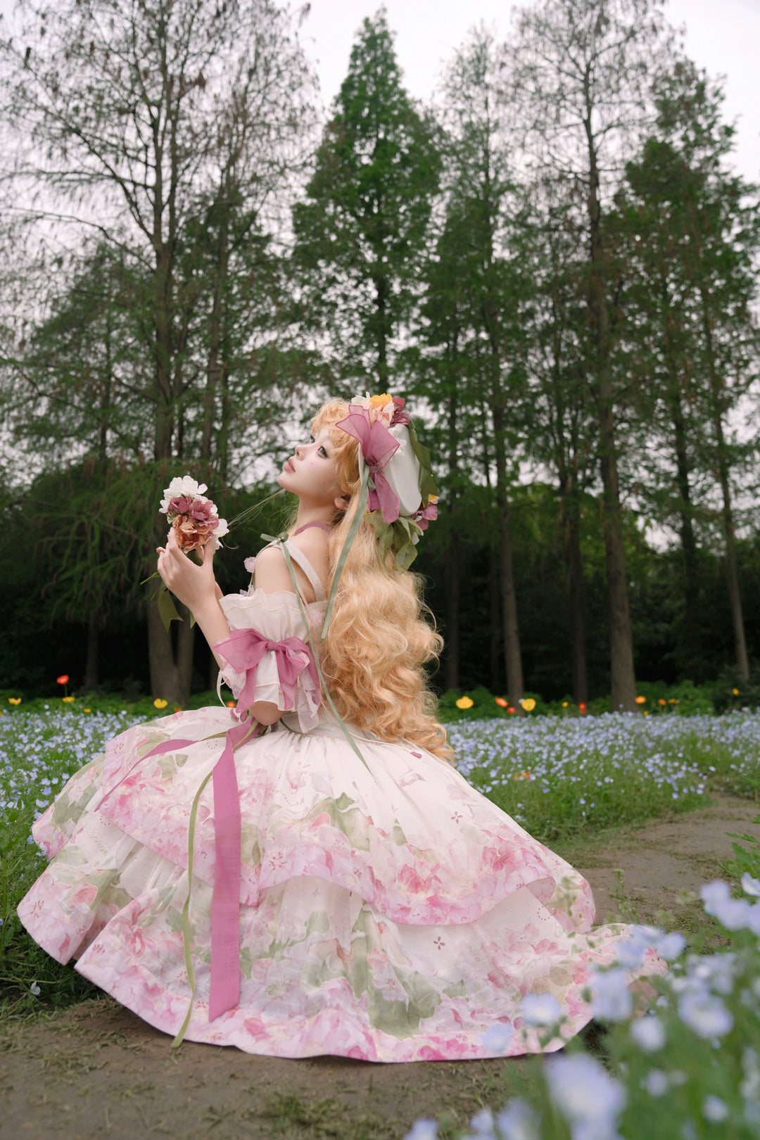 KISS Deer~Alpine Rhododendron~Sweet Lolita Skirt Set Pink Green Floral Lolita Dress   