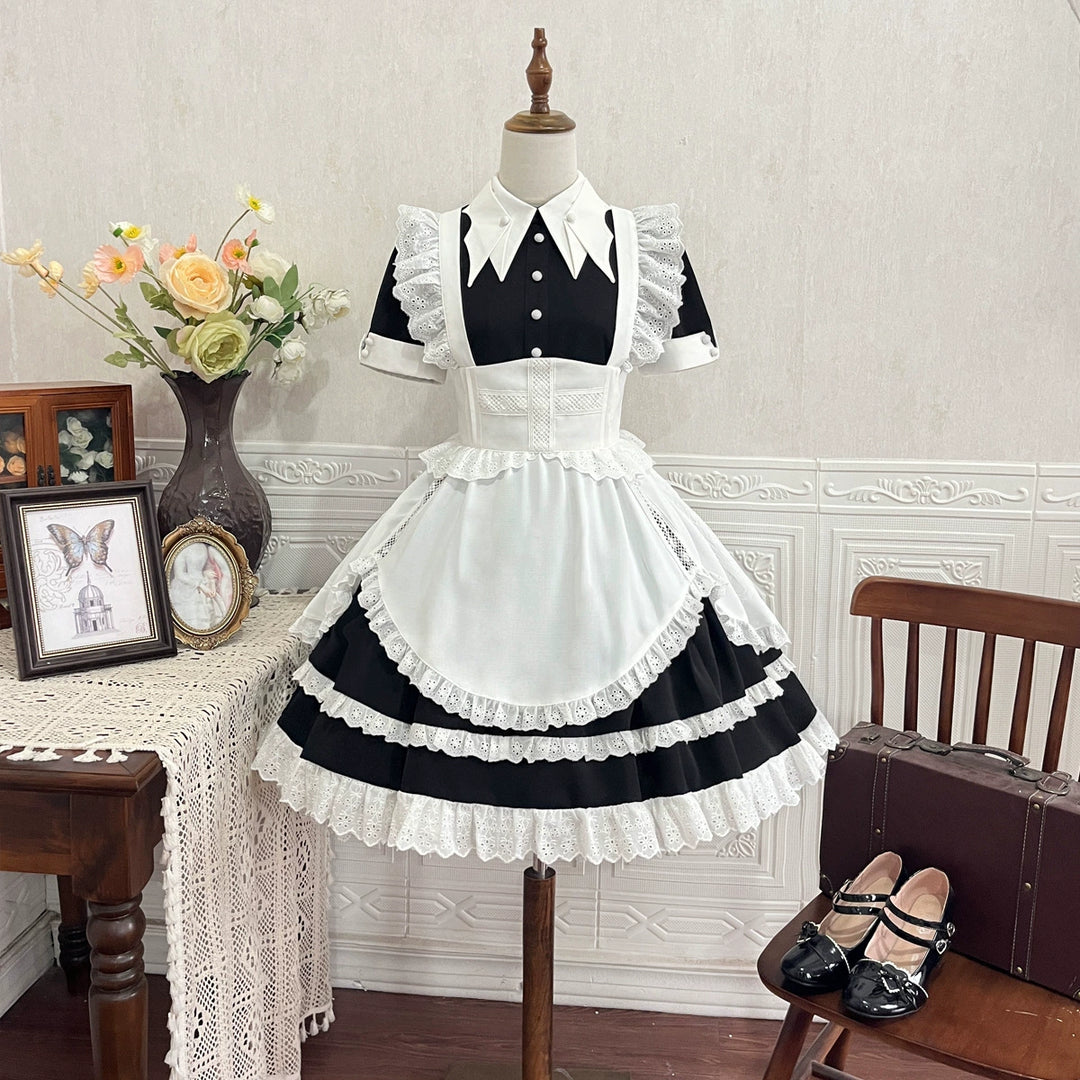 Cornfield Lolita~Temple Maid~Sweet Lolita OP Batwing Collar Short Sleeve Dress with White Apron S OP dress+apron 