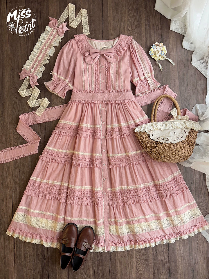 Miss Point~Cat Rose Tea~Elegant Lolita OP Open-front Short Sleeve Tiered Dress 42135:727351