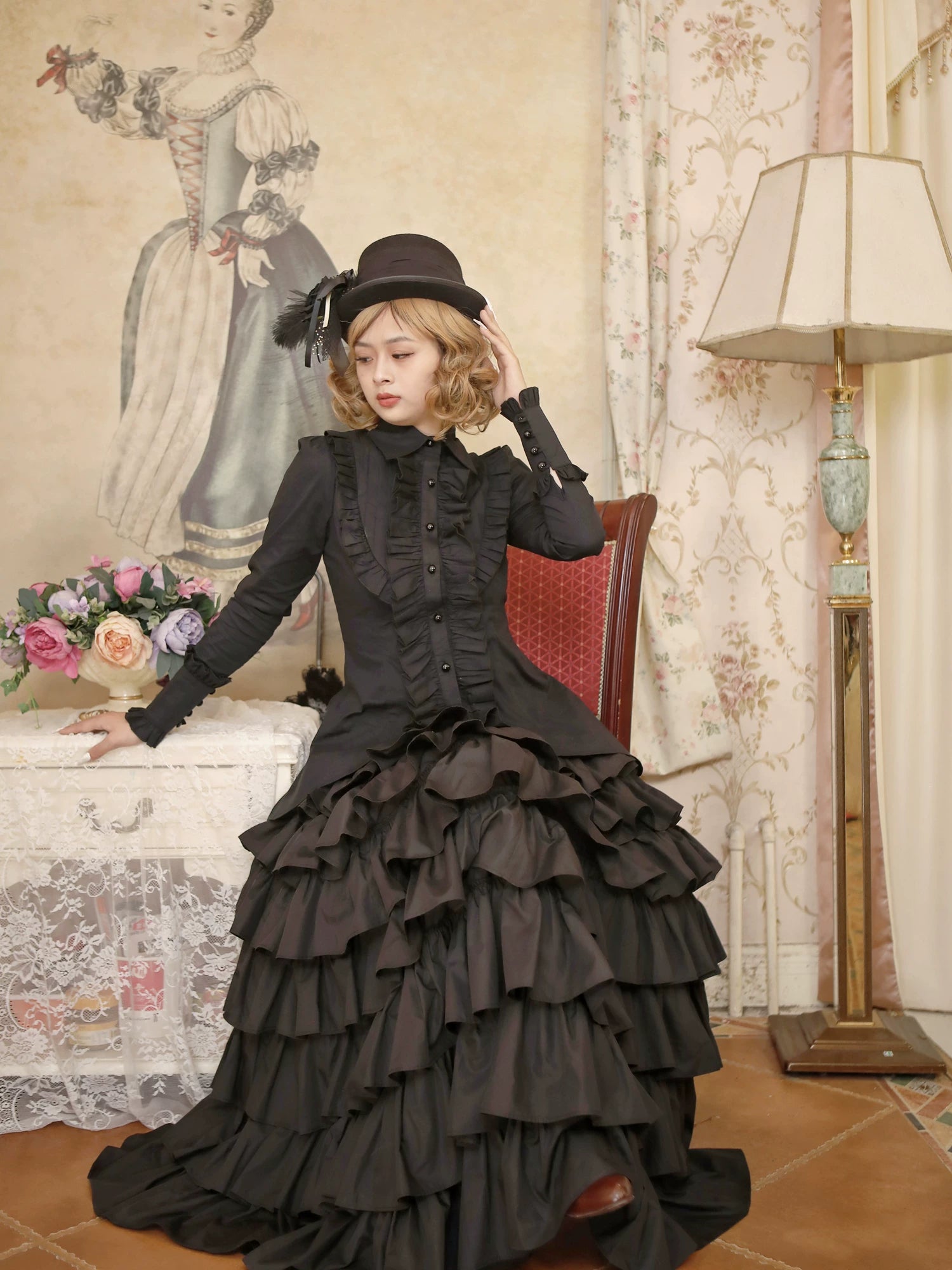 Gothic Lolita Tailed Hem Blouse and Multi-layer Skirt Set