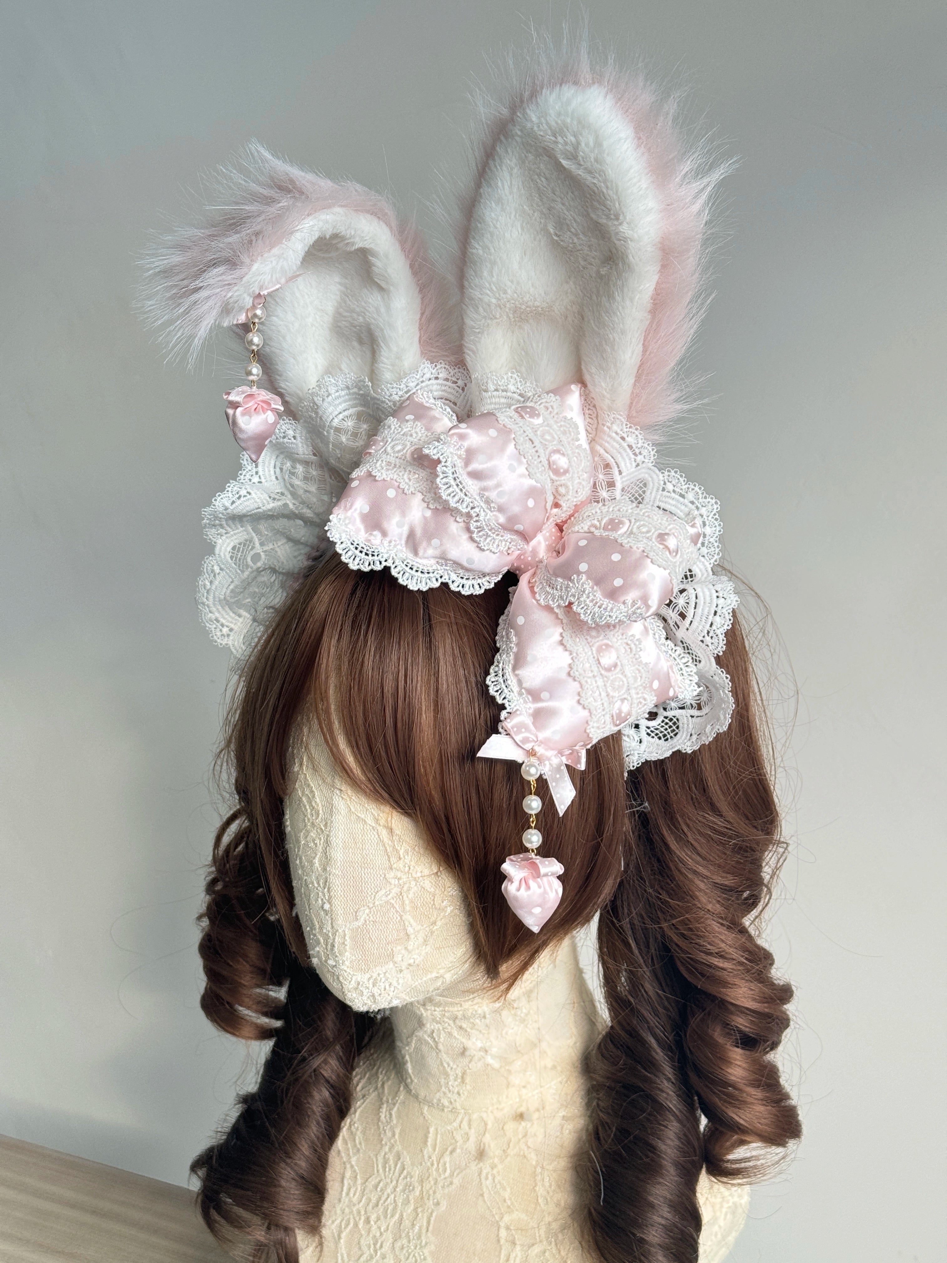 MAID - Sweet Lolita Headdress, Polka Dot Bow, Bunny Ear Light Pink Bow + Pink and White Bunny Ears