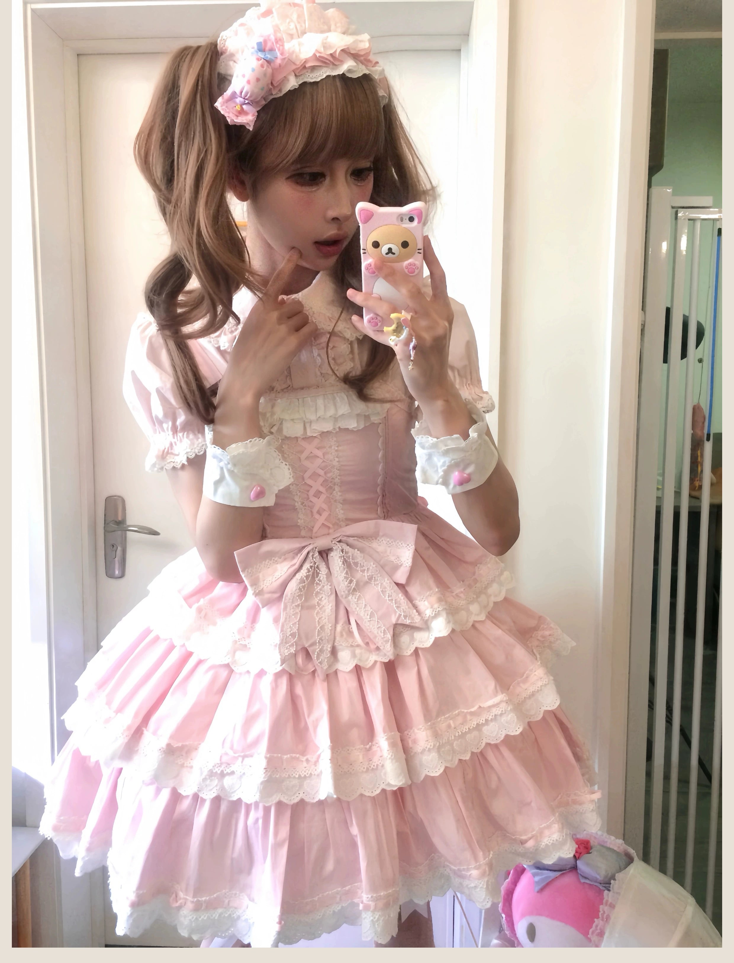 TaTaTa Lolita - Otome Heart - Cotton Old School Lolita JSK Dress Suit, Heart-Shaped Lace Trim Pink JSK + Pink Headband S