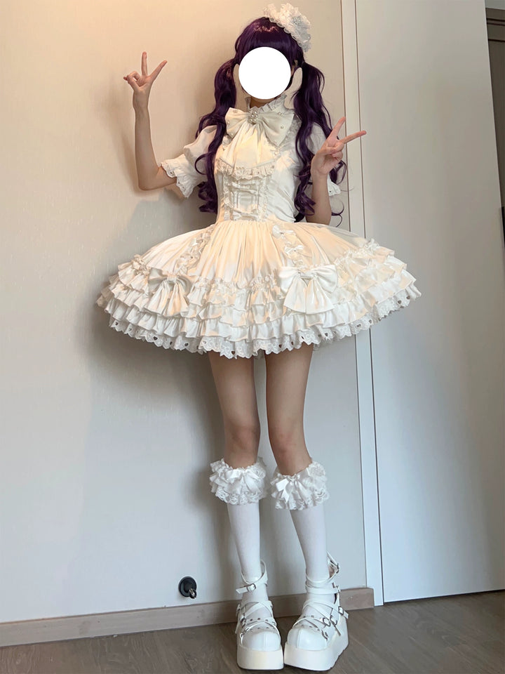 Nn Star~Starry Nights~Gothic Lolita JSK Dress Short Length Vintage Jumper Dress M White Satin JSK + Bow Tie 