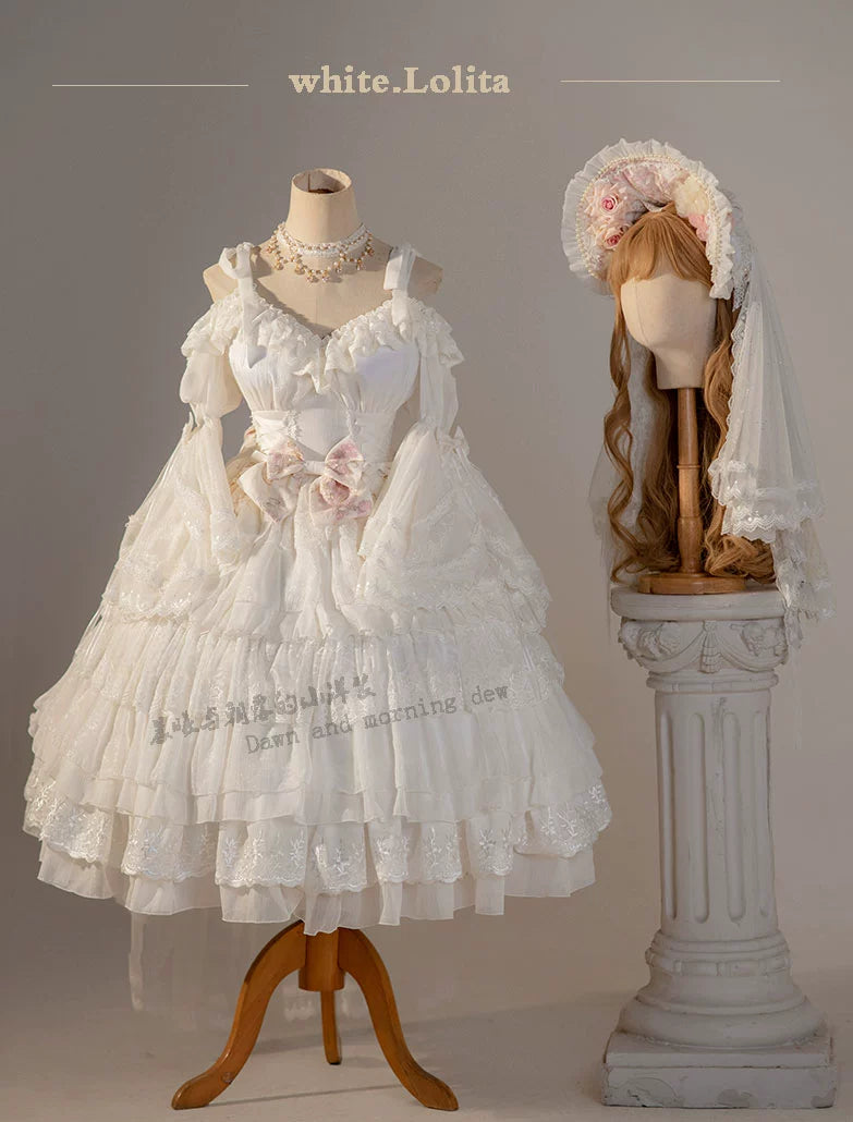 Dawn and Morning - Elegant Lolita OP Dress Sunrise Elf Long Dress S Morning Elf Set (White full set)