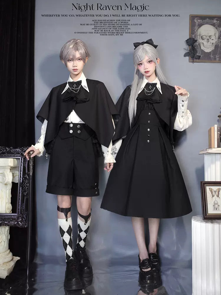 CastleToo~Night Raven Magic~Ouji Lolita Dress Set Prince Suspender Shorts Cape