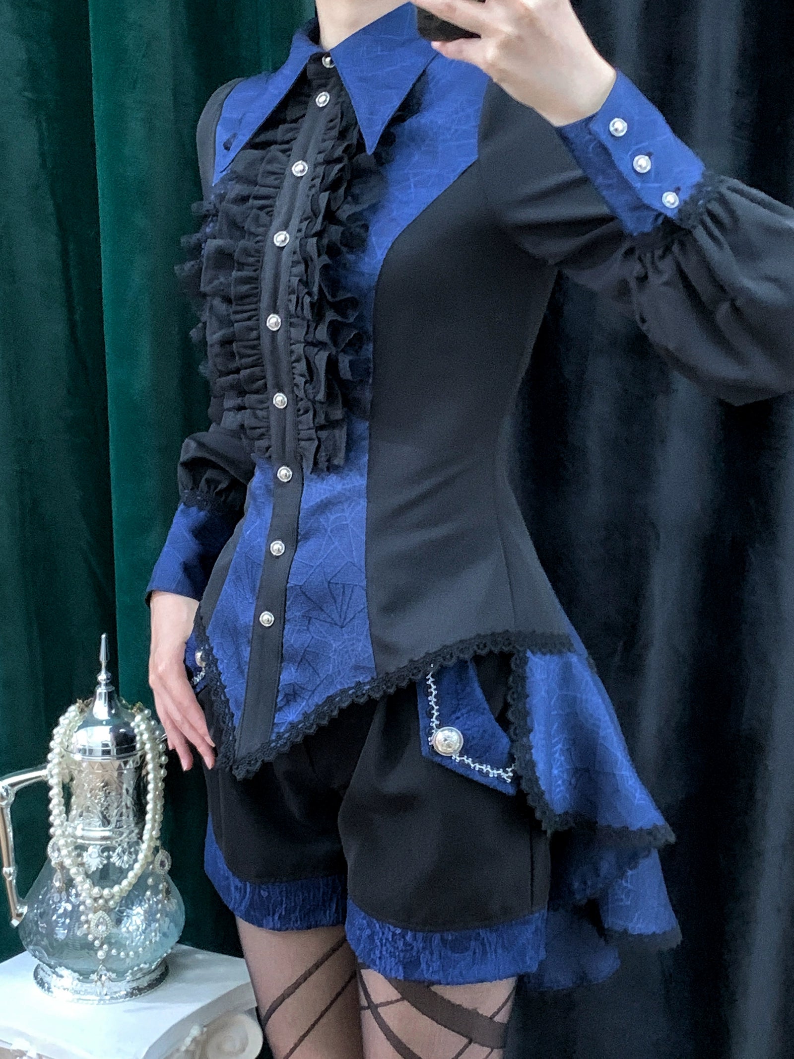 Little Dipper - Cold Rice - Ouji Lolita Shirt With Spiderweb Pattern in Several Versions Short Sleeves - Dark Blue - Long Version M
