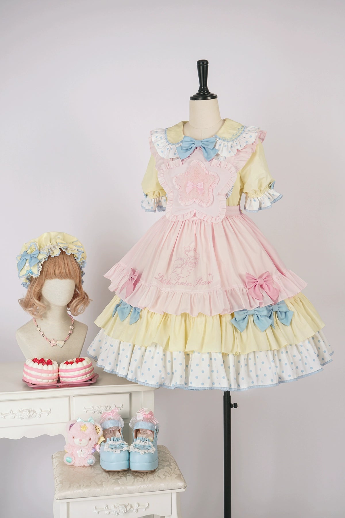 Vcastle~Sweet Lolita OP Dress Splicing Sleeve Apron Dot Print Dress 19776:303736