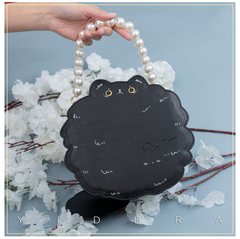 Yidhra - Printed Kawaii Cat Leather Shoulder Bag black cat (pearl portable chain version)