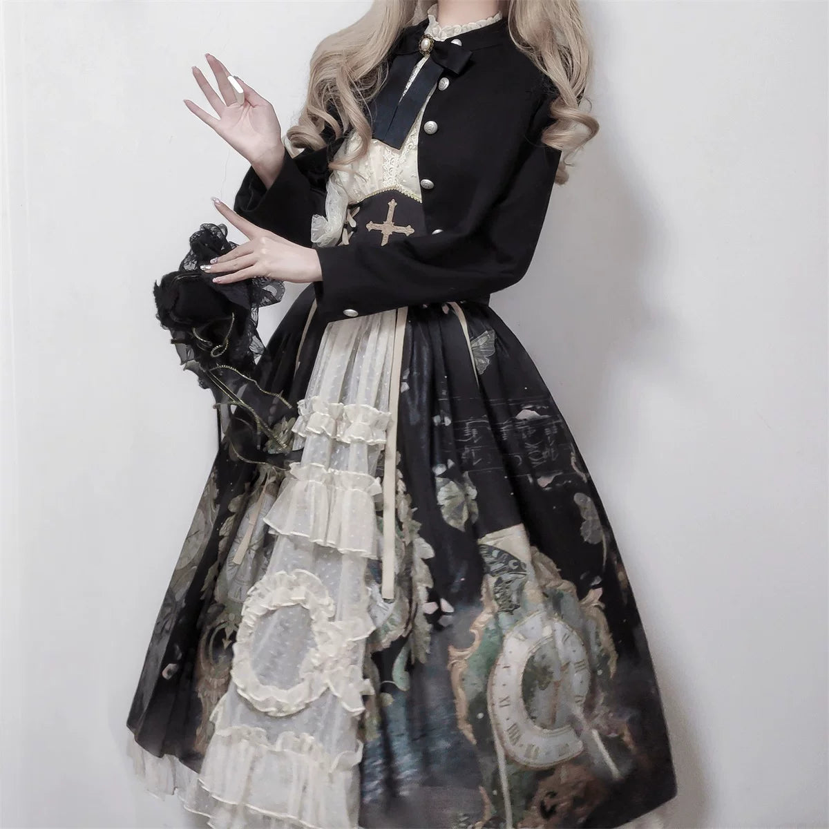 Clock Butterfly - Gothic Lolita Printed Blouse and Corset Skirt Set