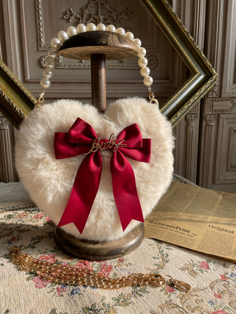 MAID - Kawaii Lolita Heart Bag Plush Pearl Chain Handbag