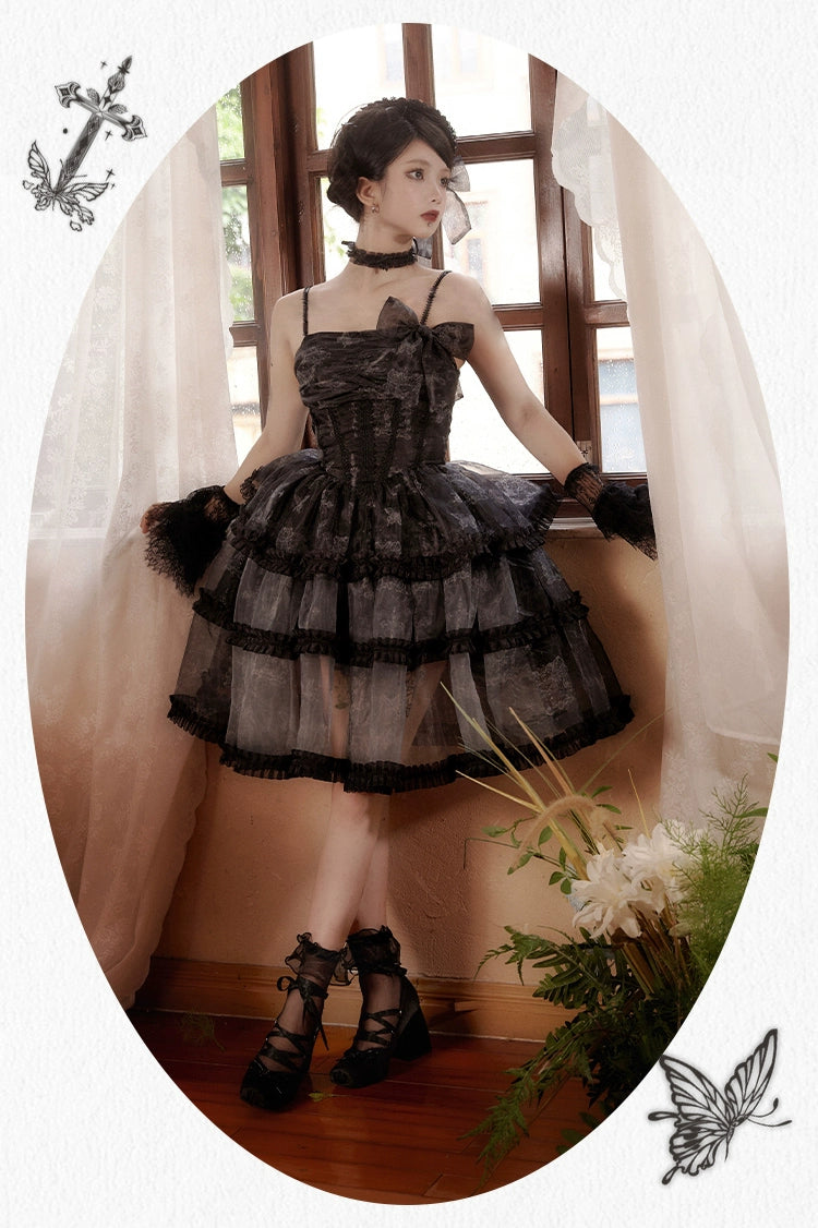 With PUJI~Butterfly Dream SP~Classic Lolita JSK Dress Fishbone Black Dress   