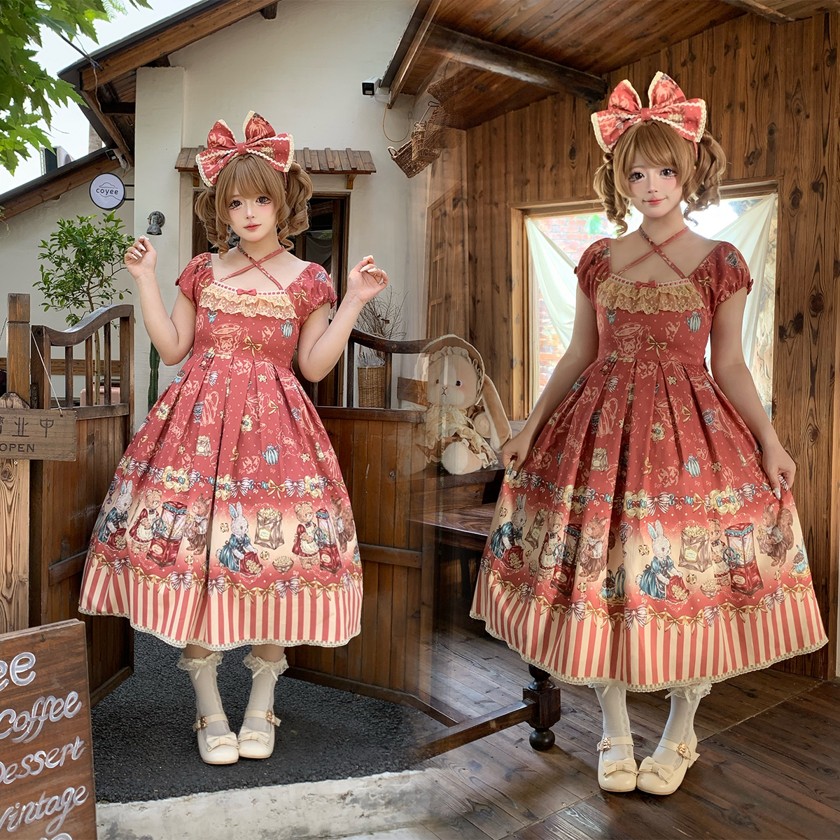 Popcorn Bear - Sweet Lolita OP Dress Set, Bear Tea Party Print 45994:871407