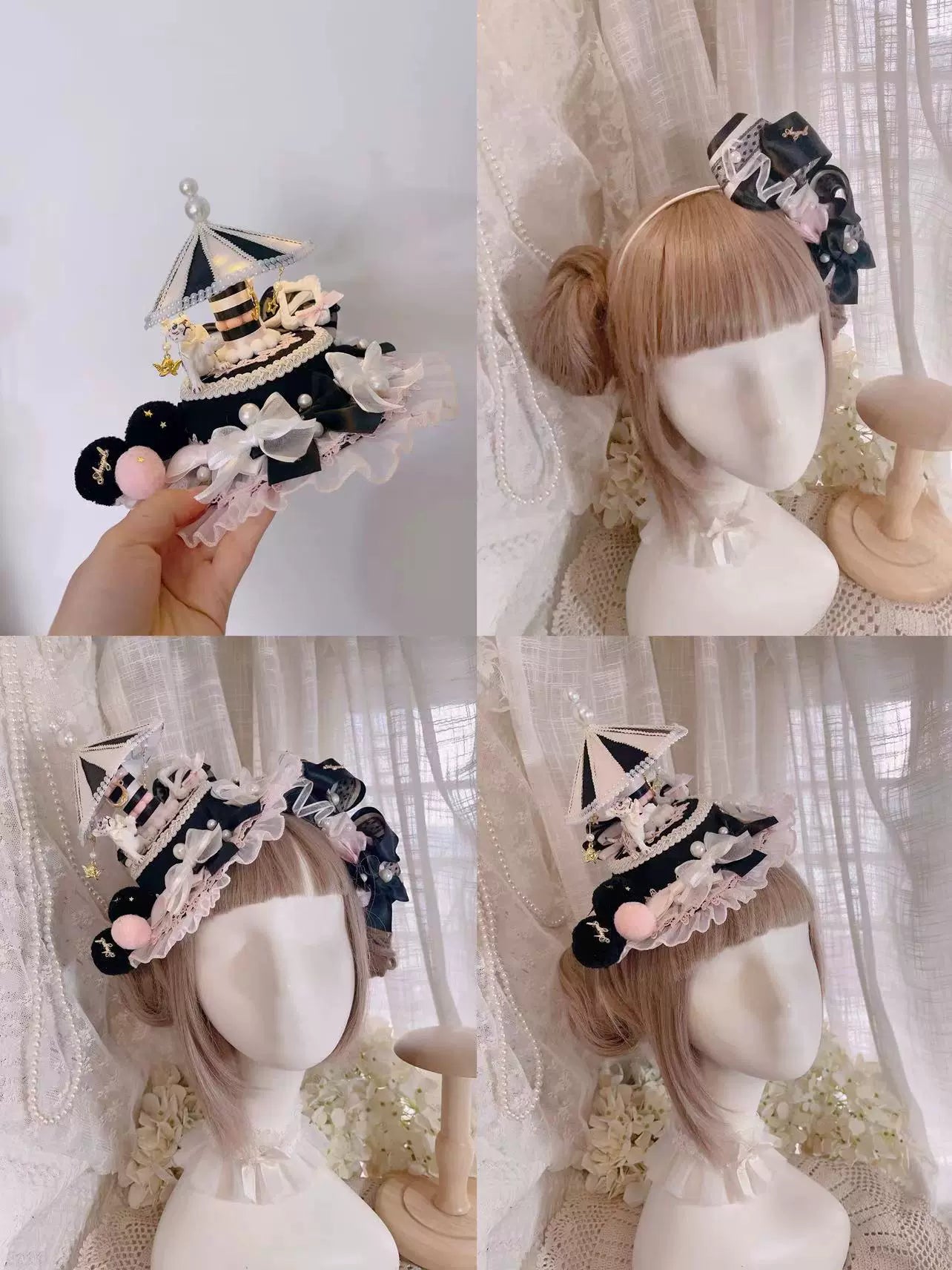 Cat Box - Night Party - Kawaii Lolita Small Top Hat KC Headdress Tiger black and pink Hat