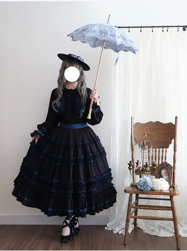 Wings and Bouquet - Dark Classic Lolita Blouse and SK Set, Layered Blue Ruffles 45680:858266