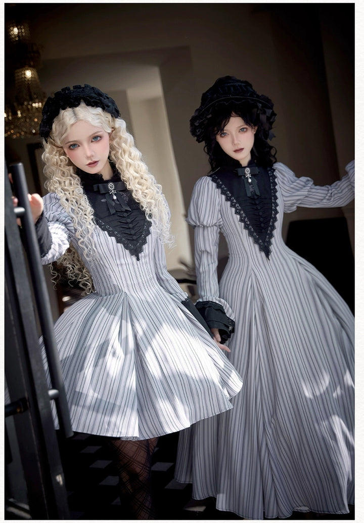 With PUJI~Nocturne SP~Striped Gothic Lolita OP Twin Lolita Dress with Apron