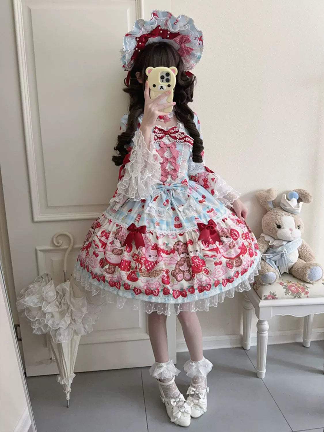 SweetBerry Bunny Bear - Sweet Lolita Hime Sleeve OP Dress, Strawberry and Bear Print